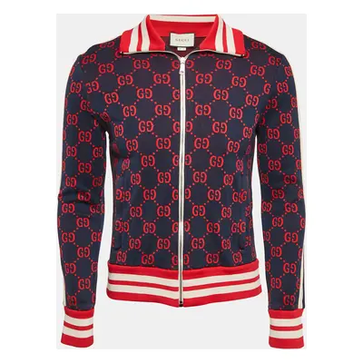 Gucci Navy Blue GG Jacquard Cotton Knit Zip-Up Jacket