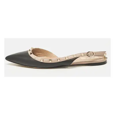 Valentino Black/Beige Leather Rockstud Slingback Flats Size