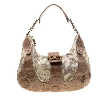 Valentino Beige Croc Embossed Leather and Python Print Canvas Hobo