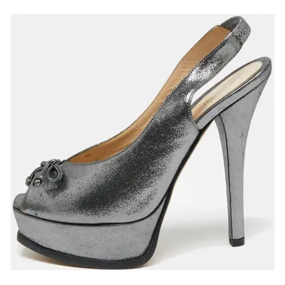 Fendi Metallic Grey Suede Fendista Peep Toe Slingback Platform Sandals Size 38.5