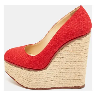 Charlotte Olympia Red Canvas Carmen Espadrille Platform Wedge Pumps Size