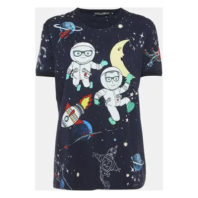 Dolce & Gabbana Navy Blue Space Print Cotton Half Sleeve T-Shirt