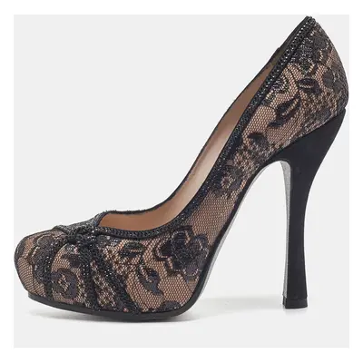 René Caovilla Black/Pink Lace and Leather Crystal Embellished Pumps Size