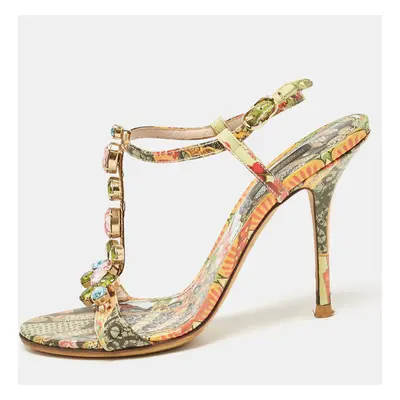 Dolce & Gabbana Multicolor Patent Leather Crystal Embellished Ankle Strap Sandals Size 37.5