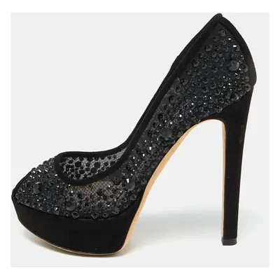 Dior Black Suede and Mesh Crystal Embellished Peep Toe Platform Pumps Size