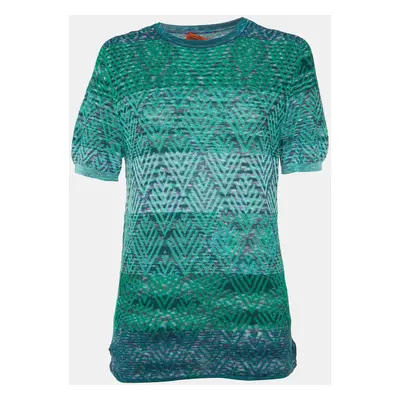 Missoni Green Zig Zag Pattern Cotton Knit Crew Neck Top