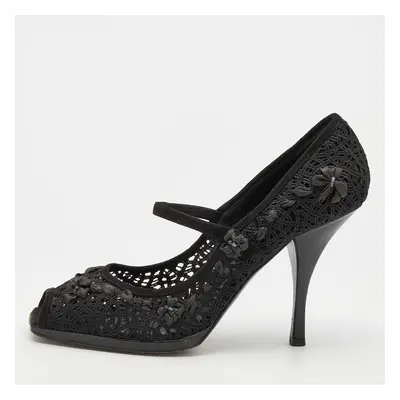 Casadei Black Crochette Nylon and Suede Peep Toe Pumps Size