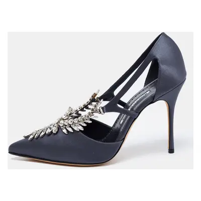 Manolo Blahnik Dark Grey Satin Lala Crystal Embellished Pointed Toe Pumps Size