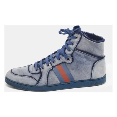 Gucci Blue Suede and Shearling Web Lace Up High Top Sneakers Size 45.5