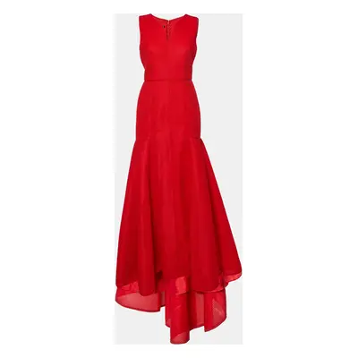 CH Carolina Herrera Red Tricot Mesh Sleeveless Gown