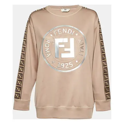 Fendi Beige Logo Embossed Jersey Crew Neck Sweatshirt