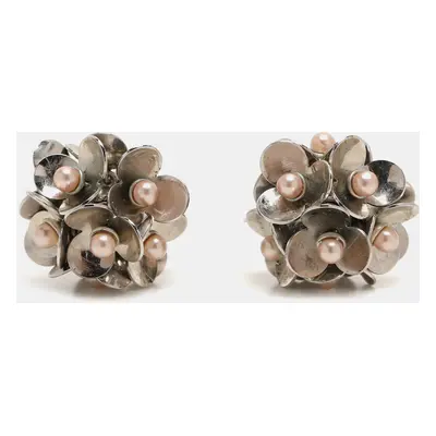 Dior Silver Tone Metal Pearl Embellished Tribal Flower Petals Earrings