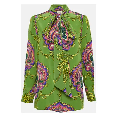 Gucci Green Printed Silk Tie-Neck Blouse