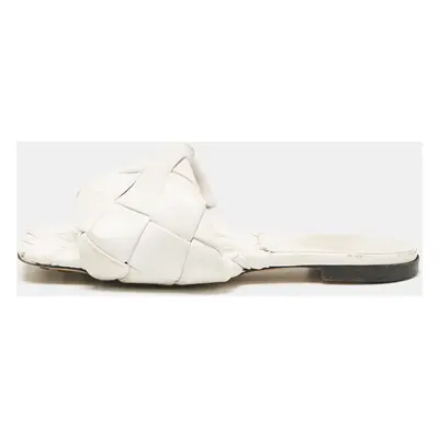 Bottega Veneta White Woven Leather Lido Flat Slides Size 37.5