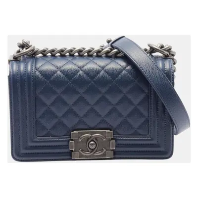 Chanel Navy Caviar Skin (Grained Calf) Boy Chanel Small Matelasse Shoulder Bag