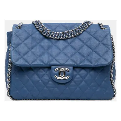 Chanel Blue Maxi Washed Lambskin Chain Around Flap