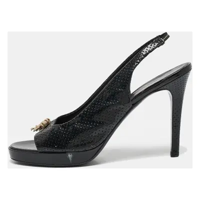 Chanel Black Perforated Patent Leather Open Toe Slingback Sandals Size 39.5