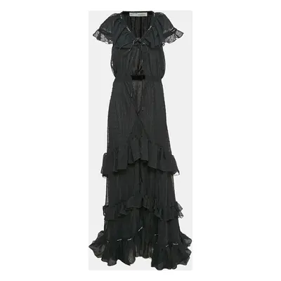 Off-White Black Swiss Dot Crepe Ruffled Wrap Maxi Dress