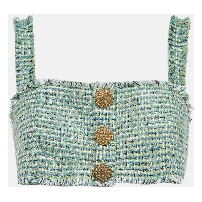 Self-Portrait Green Tweed Sleeveless Fray Detail Cropped Top