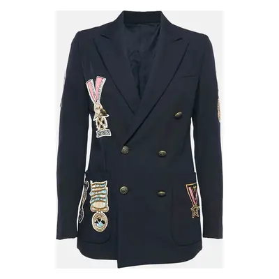 Valentino Navy Blue Badge Applique Wool Double Breasted Blazer