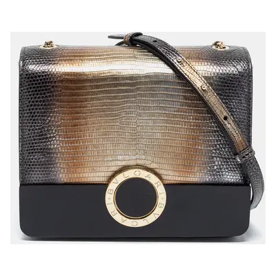 Bvlgari Metallic/Black Lizard,Perspex and Leather Small Flap Cover Shoulder Bag