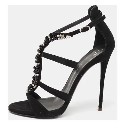 Giuseppe Zanotti Black Suede Crystal Embellished T-Strap Sandals Size