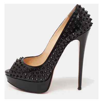 Christian Louboutin Black Leather Lady Peep Spike Peep Toe Platform Pumps Size