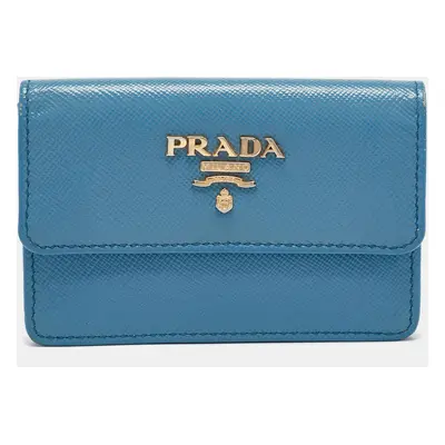 Prada Light Blue Saffiano Metal Leather Flap Card Holder