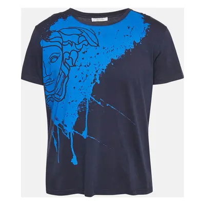 Versace Collection Navy Blue Paint Dripped Medusa Print Jersey T-Shirt