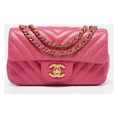 Chanel Fuchsia Chevron Leather Extra Mini Rectangular Flap Bag