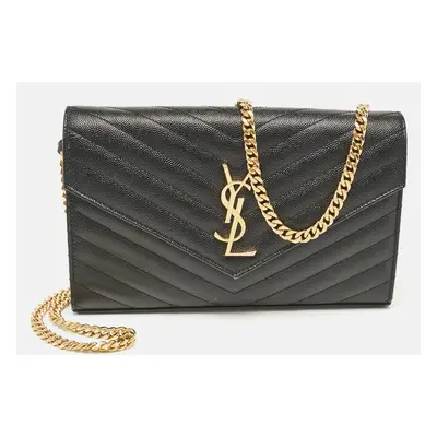 Saint Laurent Black Matelassé Leather Cassandre Envelope Chain Clutch