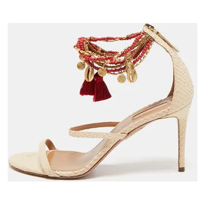 Aquazzura Beige Python Embossed Leather India Ankle Strap Sandals Size