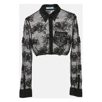 Prada Black Logo Embroidered Chantilly Lace Sheer Crop Shirt