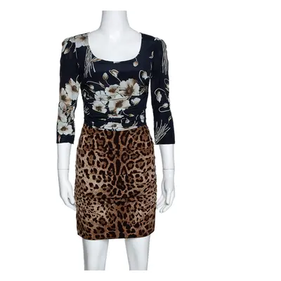 Dolce & Gabbana Brown Mixed Print Silk Ruched Dress