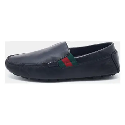 Gucci Dark Blue Leather Web Slip On Loafers Size 41.5