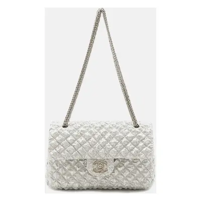 Chanel Silver Canvas Double Flap Chain Shoulder Bag