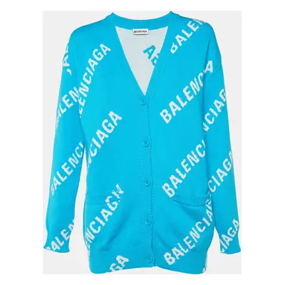 Balenciaga Blue All Over Logo Intarsia Knit Cardigan