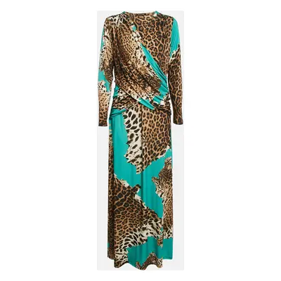 Roberto Cavalli Multicolor Animal Print Jersey Gathered Maxi Dress