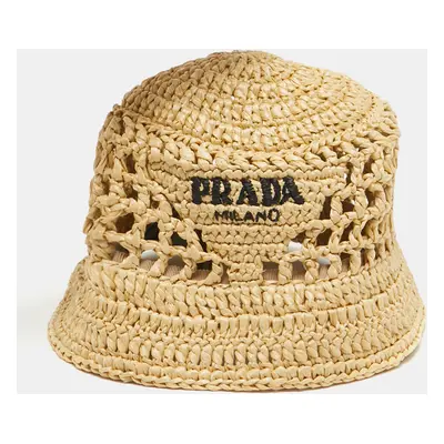 Prada Beige Logo Raffia Bucket Hat