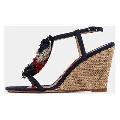 CH Carolina Herrera Navy Blue Suede Tassel Wedge Sandals Size