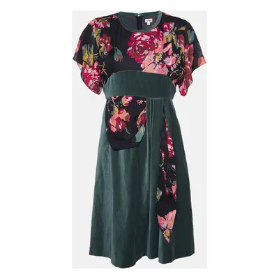 Kenzo Green Floral Print Silk & Velvet Knee-Length Dress