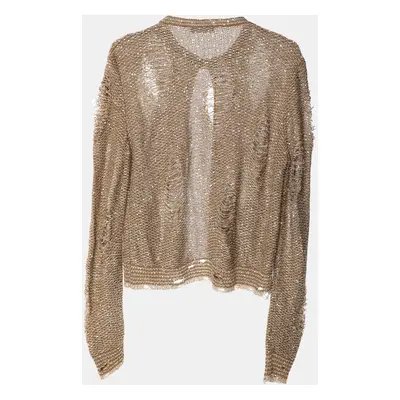 Balmain Brown Distressed Knitted Sequin Embellished Cardigan