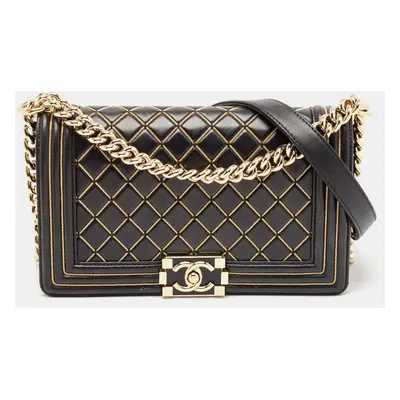 Chanel Black Quilted Caviar Leather Chain Detail Boy Flap Bag