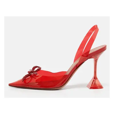 Amina Muaddi Red PVC Rosie Crystal Embellished Bow Slingback Pumps Size 39.5