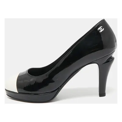 Chanel Black/White Patent Leather CC Cap Toe Platform Pumps Size