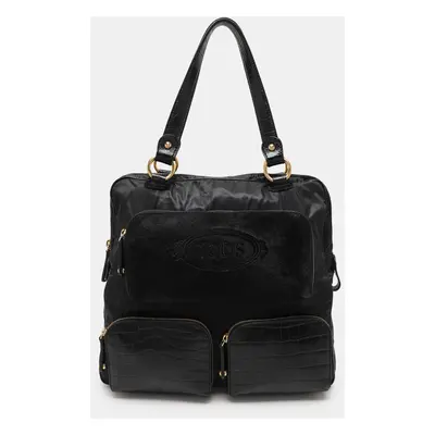 Tod's Black Calf Hair and Croc Embossed Leather D Bag