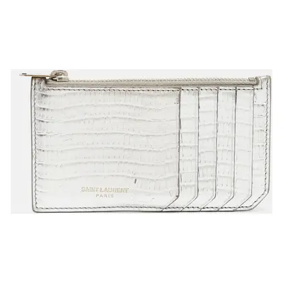 Saint Laurent Silver Textured Leather Zip Card Holder