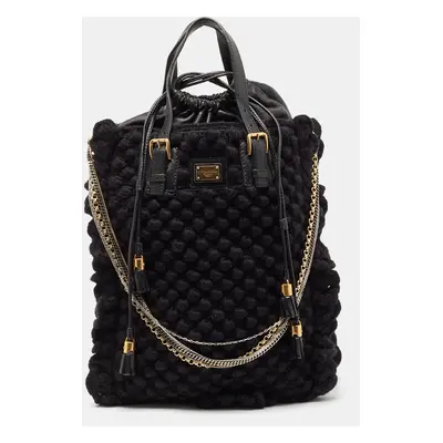 Dolce & Gabbana Black Crochet Fabric and Leather Drawstring Tote