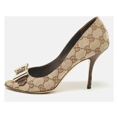 Gucci Brown/Beige GG Canvas Buckle Detail Peep Toe Pumps Size