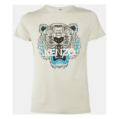 Kenzo Ecru Tiger Print Cotton Knit Crew Neck T-Shirt